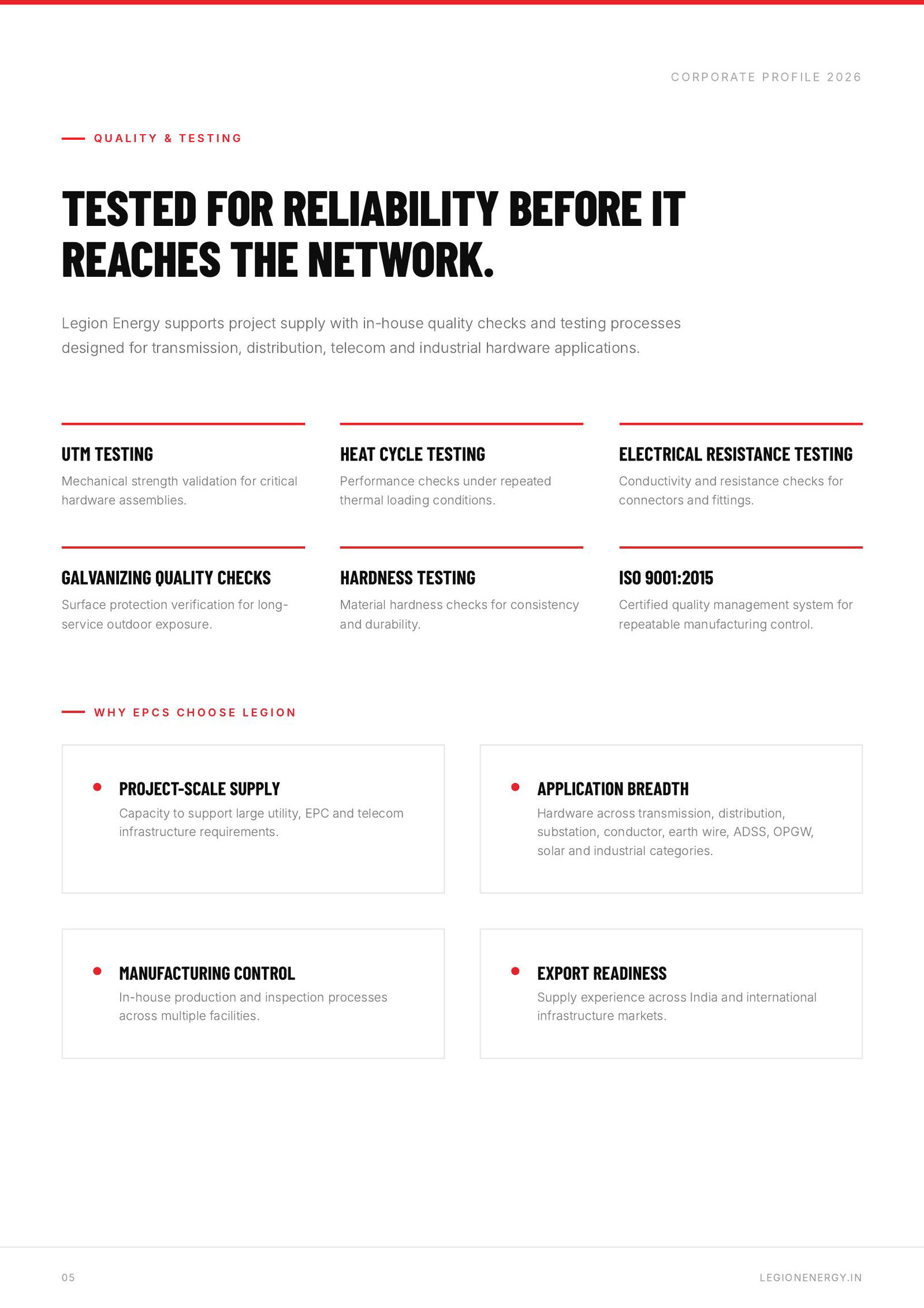 Legion Energy corporate brochure quality and testing page