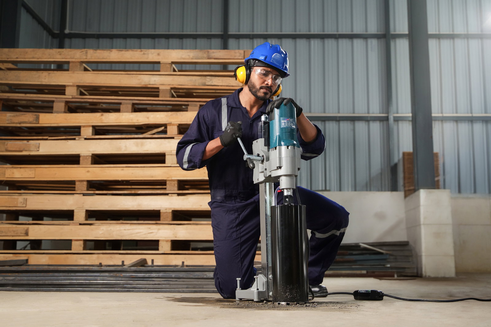 Technician operating MAX industrial drilling equipment inside a warehouse environment