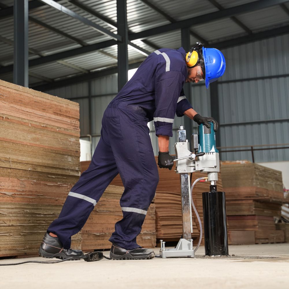 Worker operating MAX drilling equipment in industrial setting with safety gear